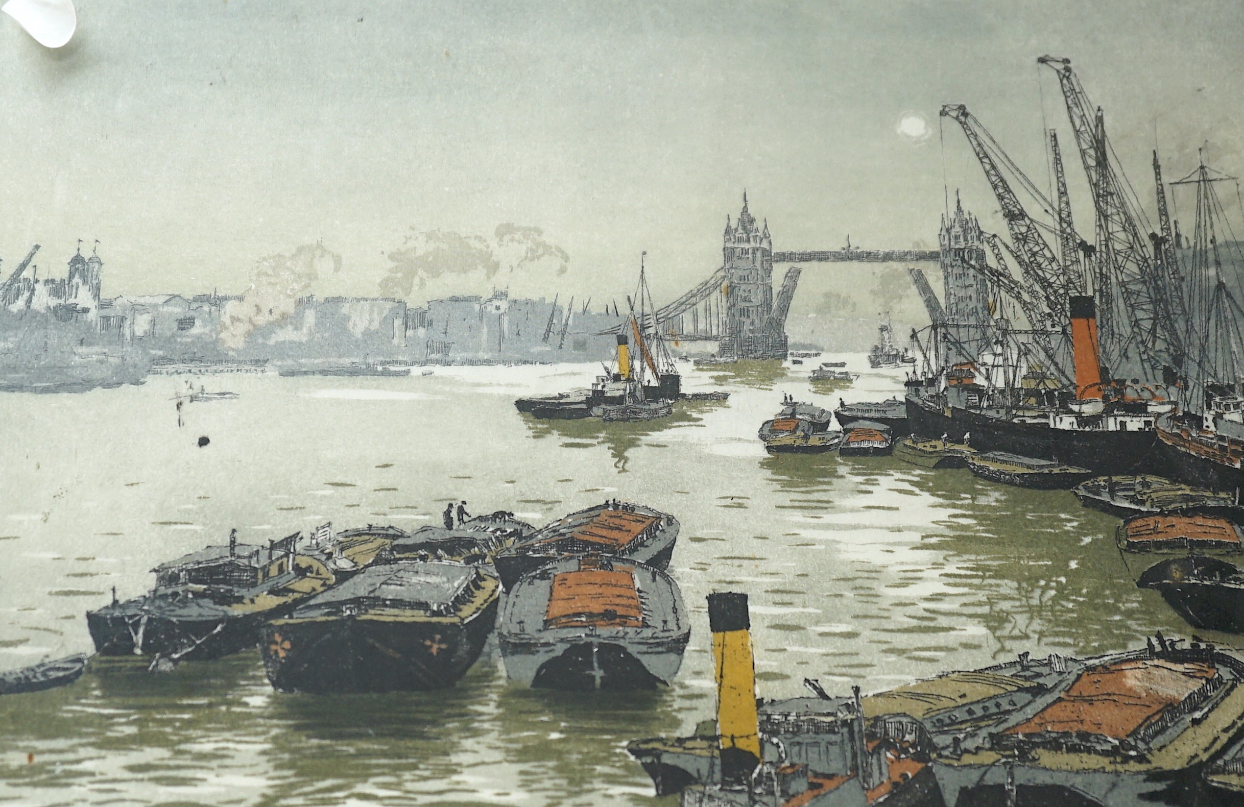 Hans Figura (Austrian (1898 - 1978), etching on silk, View of Tower Bridge, signed in pencil, 21 x 31cm